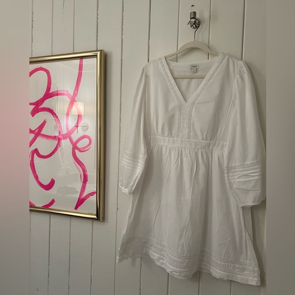 JCrew Factory white empire dress with 3/4 sleeves in ladies size small.